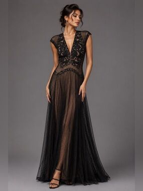 Tadashi shoji embroidered gown